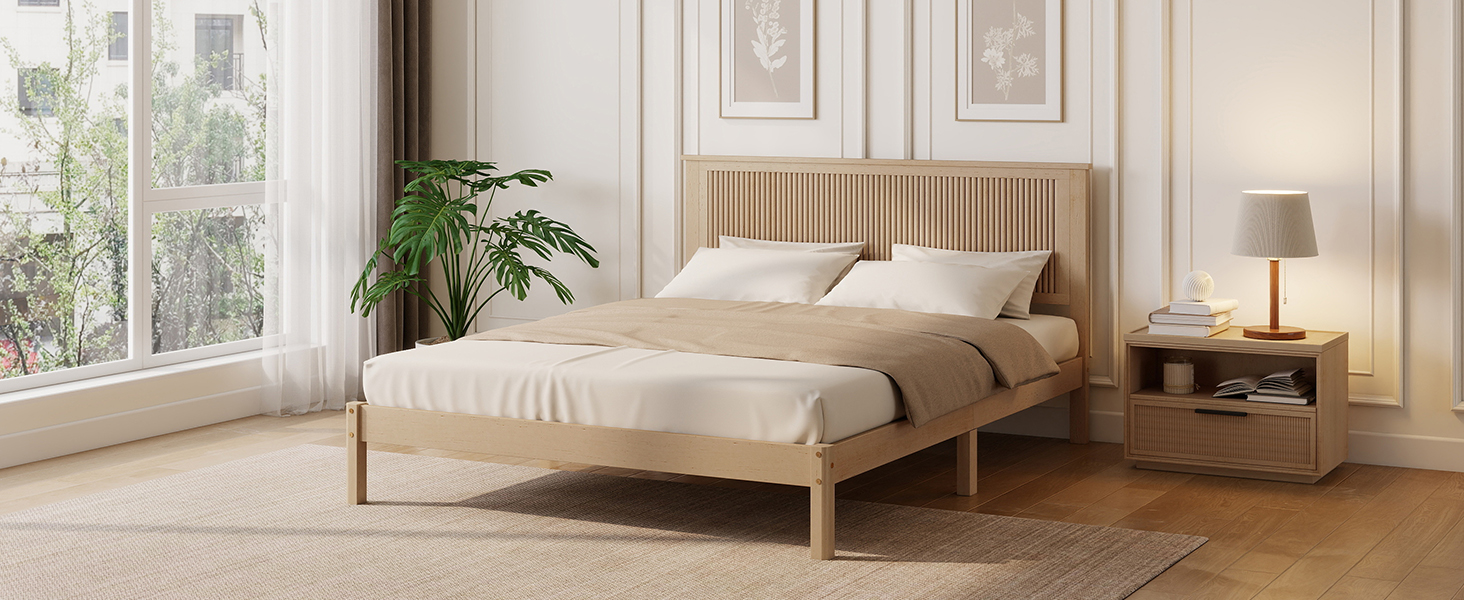 Queen Size Solid Rubber Wood Bed with Wave-Styled Headboard