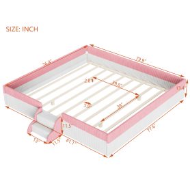 King Size Upholstered Floor Bed with Fence, 2-Tier Steps and Smart LED Lights