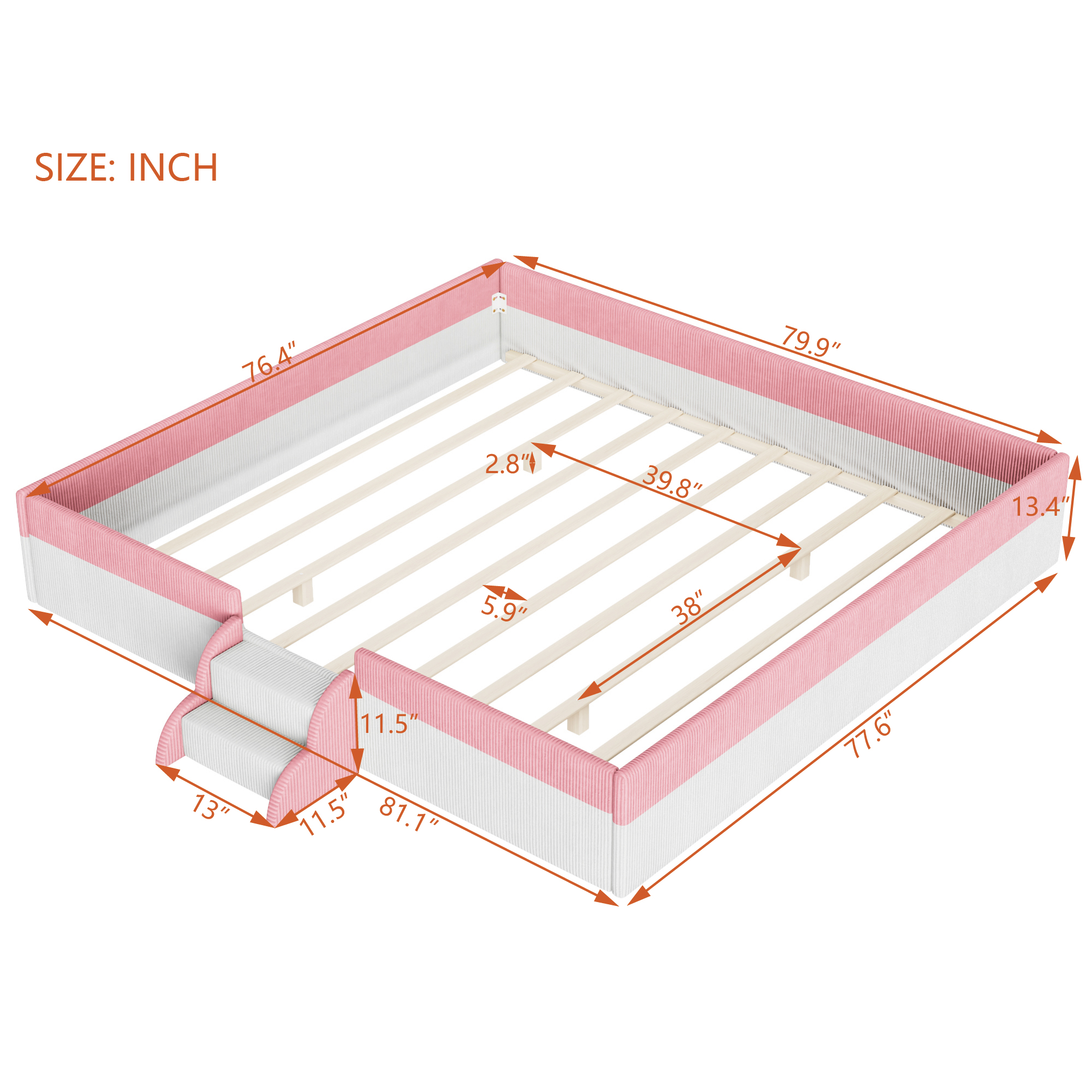 King Size Upholstered Floor Bed with Fence, 2-Tier Steps and Smart LED Lights