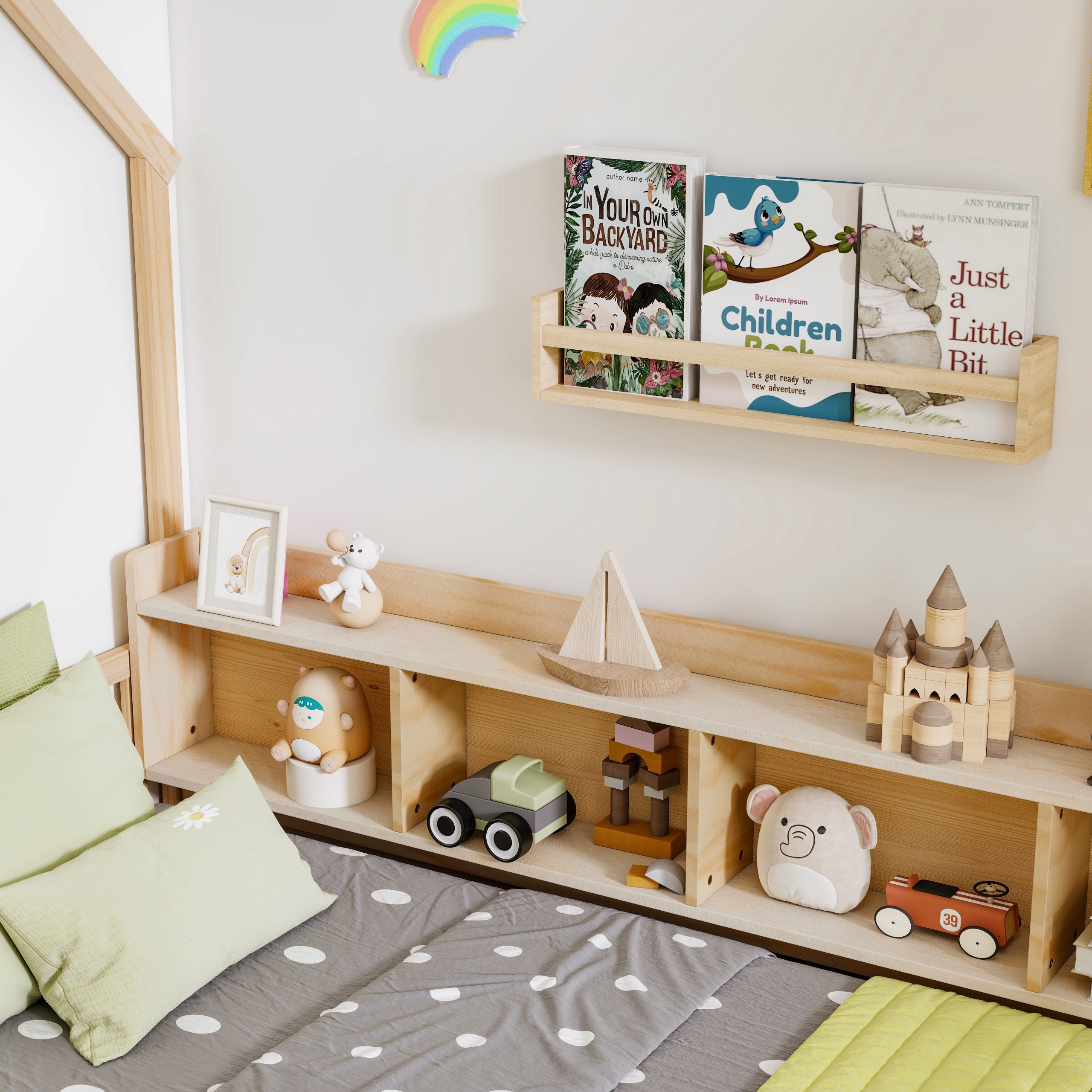Twin House Floor Bed with Storage Shelves, Built-in LED Lights & Charging Station
