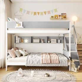 Twin over Full Bunk Bed with Striped-Design Staircase and Side Shelves