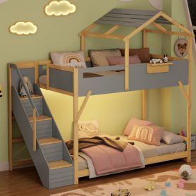 Twin over Twin House Bunk Bed with Stairs and 3-Color LED Lights