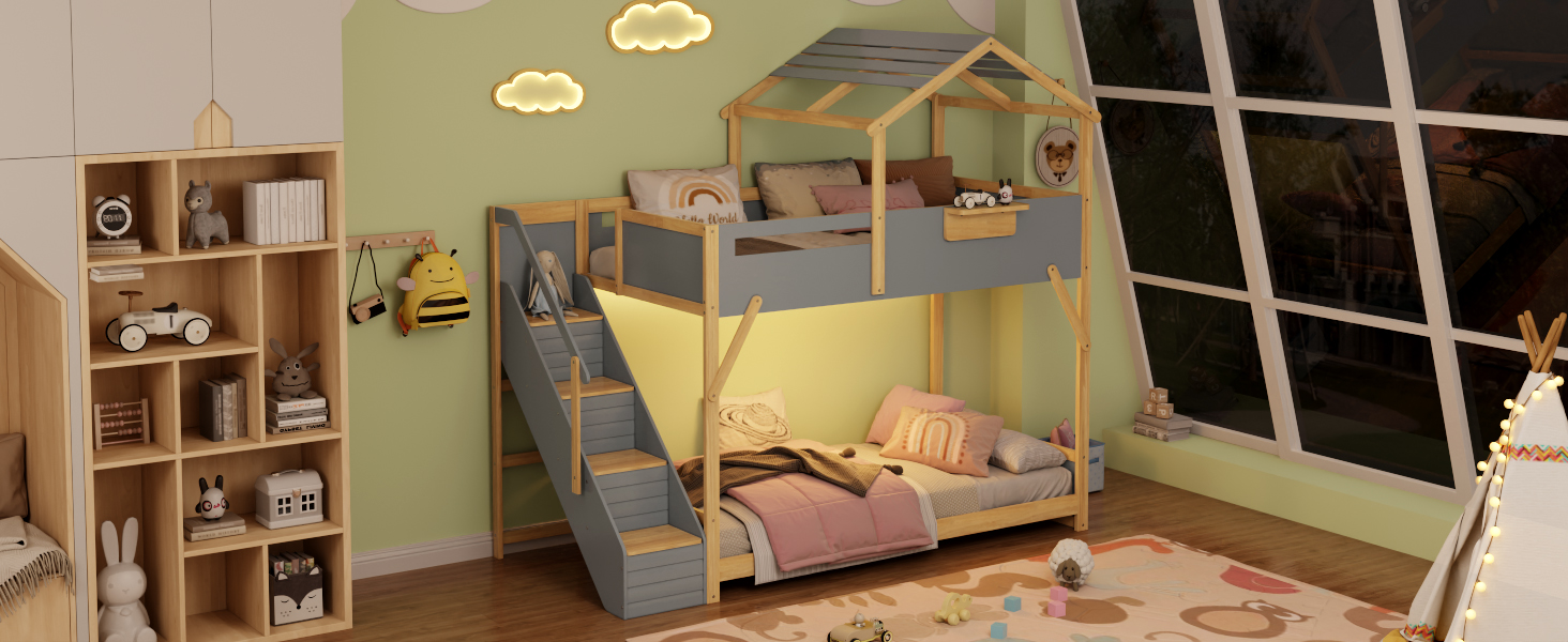 Twin over Twin House Bunk Bed with Stairs and 3-Color LED Lights