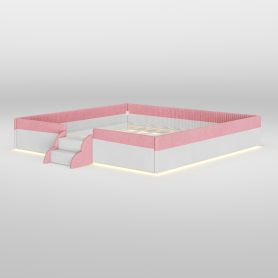 King Size Upholstered Floor Bed with Fence, 2-Tier Steps and Smart LED Lights