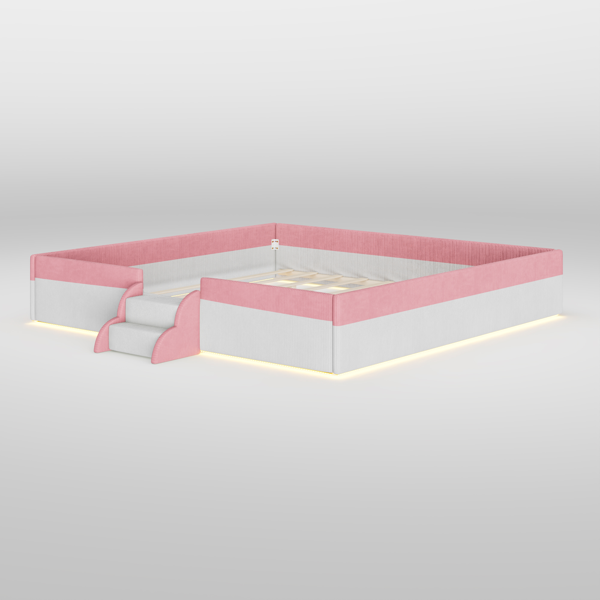King Size Upholstered Floor Bed with Fence, 2-Tier Steps and Smart LED Lights