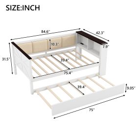 Full Size Wood Daybed with Storage Shelves, Upholstered Backrest, USB and Trundle