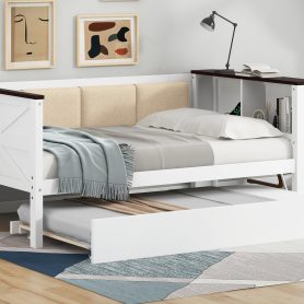 Full Size Wood Daybed with Storage Shelves, Upholstered Backrest, USB and Trundle