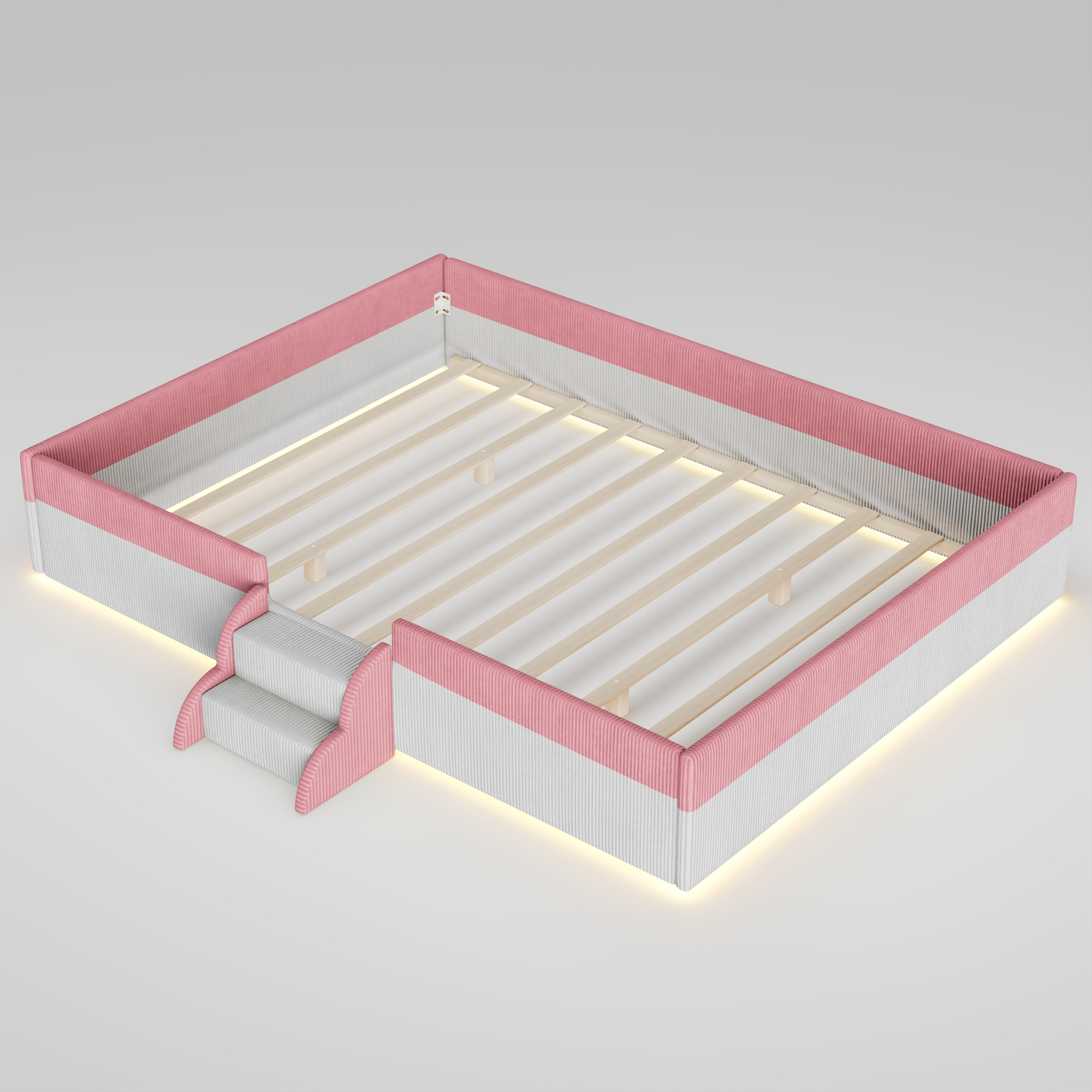 Queen Size Upholstered Floor Bed with Fence, 2-Tier Steps and Smart LED Lights