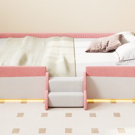 King Size Upholstered Floor Bed with Fence, 2-Tier Steps and Smart LED Lights