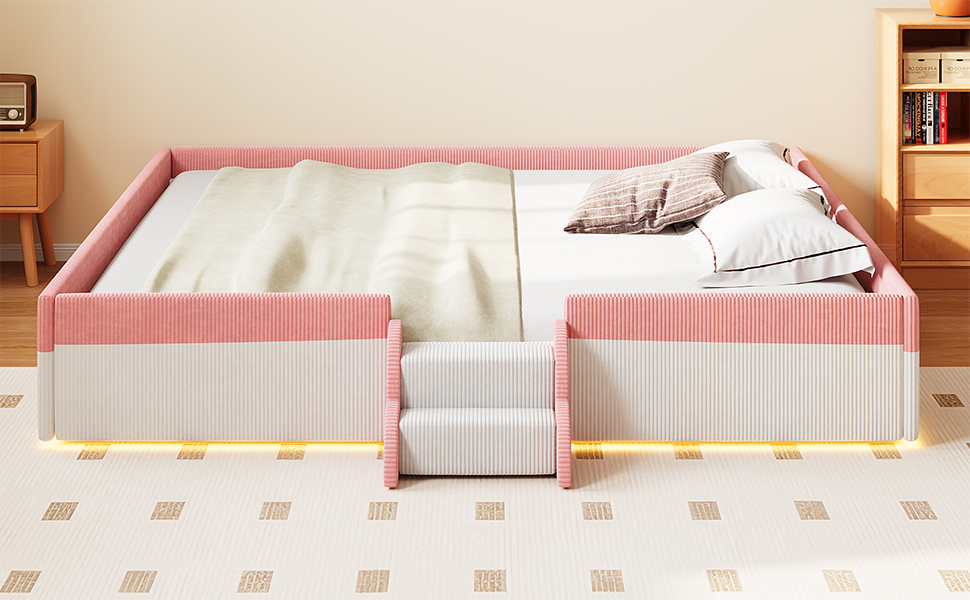 King Size Upholstered Floor Bed with Fence, 2-Tier Steps and Smart LED Lights