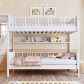 Twin Size Wooden Bunk Bed with 3 Storage Shelves, Ladder can be Changed Left or Right