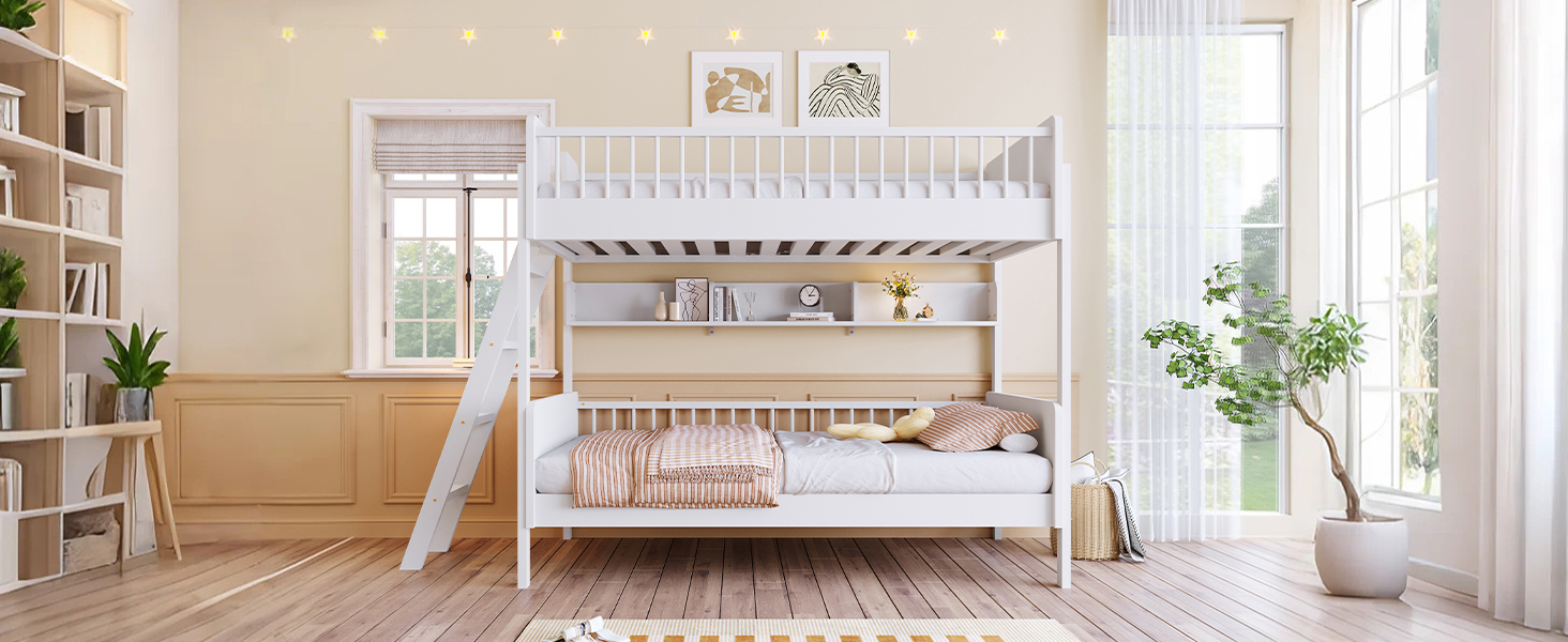 Twin Size Wooden Bunk Bed with 3 Storage Shelves, Ladder can be Changed Left or Right
