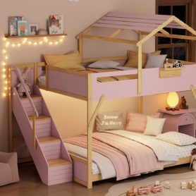 Full over Full House Bunk Bed with Stairs and 3-Color LED Lights