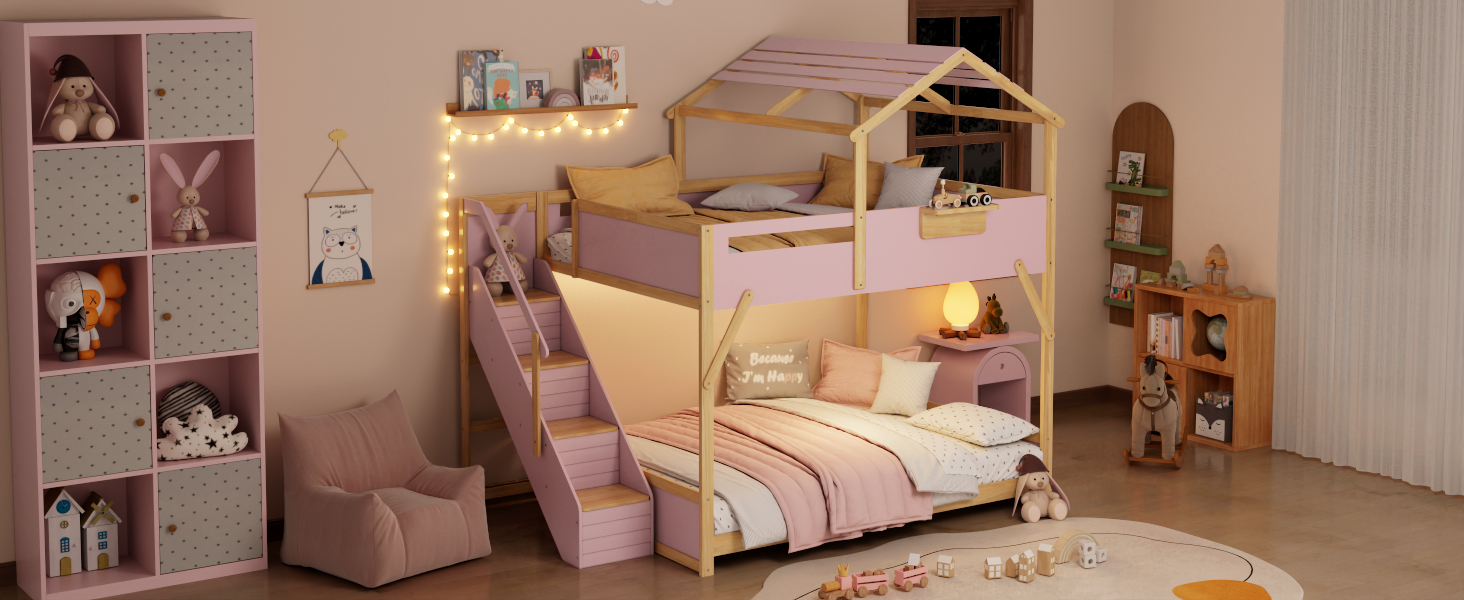 Full over Full House Bunk Bed with Stairs and 3-Color LED Lights