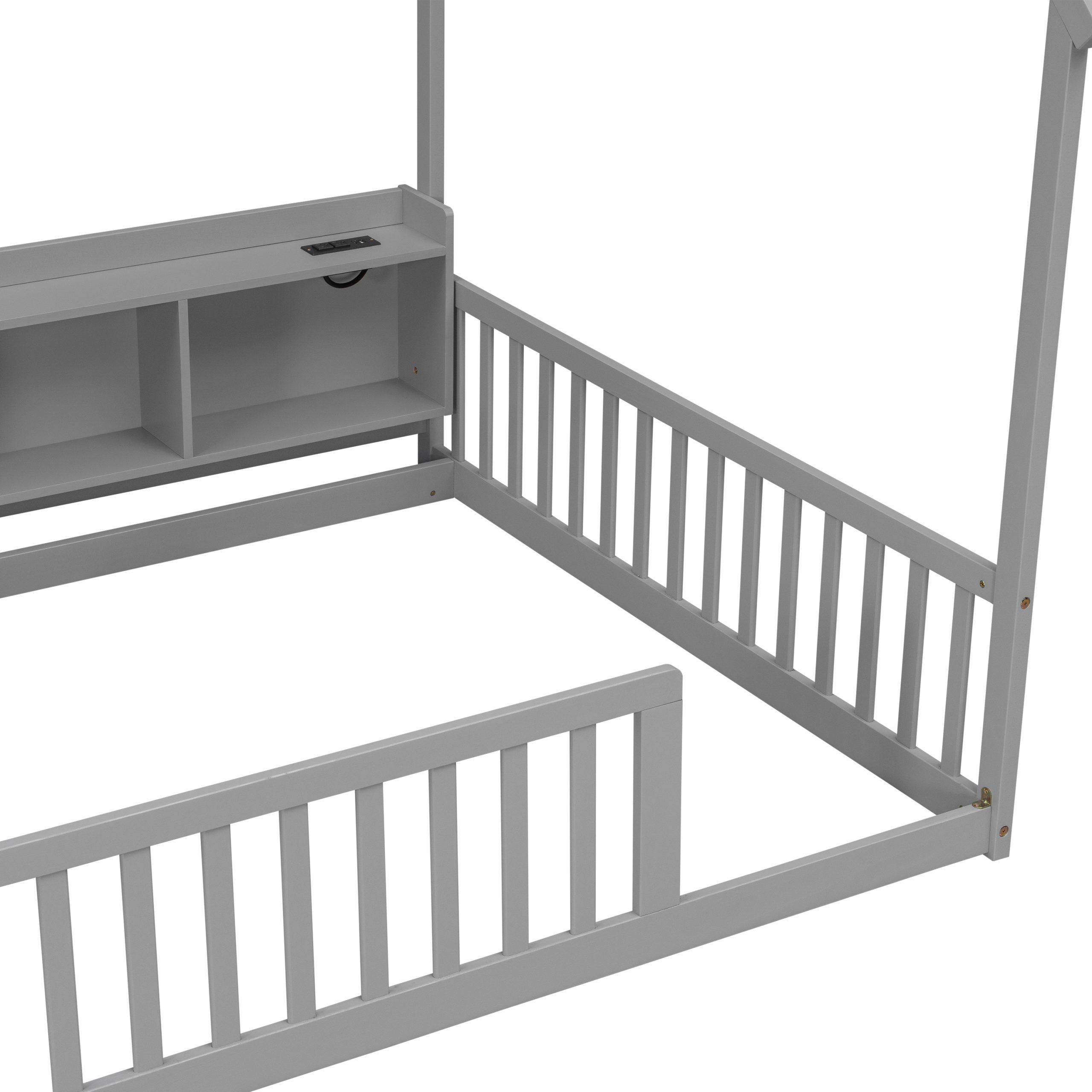 Full House Floor Bed with Storage Shelves, Built-in LED Lights & Charging Station