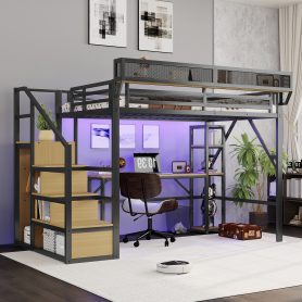 Metal Loft Bed with Stairs, Wardrobe, Charging Station, and LED Lighting