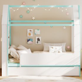 Twin Size House Bed Frame with Pull-Out Trundle, Tail End Storage Shelves and Cool White LED Lights