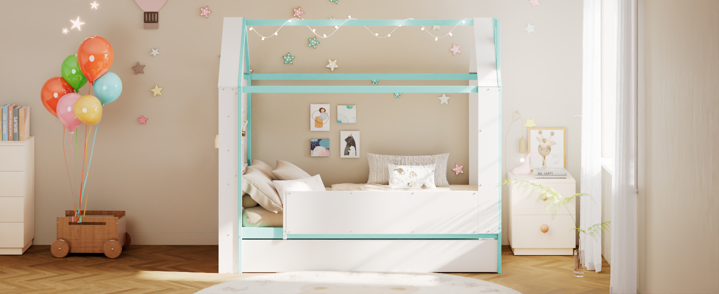 Twin Size House Bed Frame with Pull-Out Trundle, Tail End Storage Shelves and Cool White LED Lights