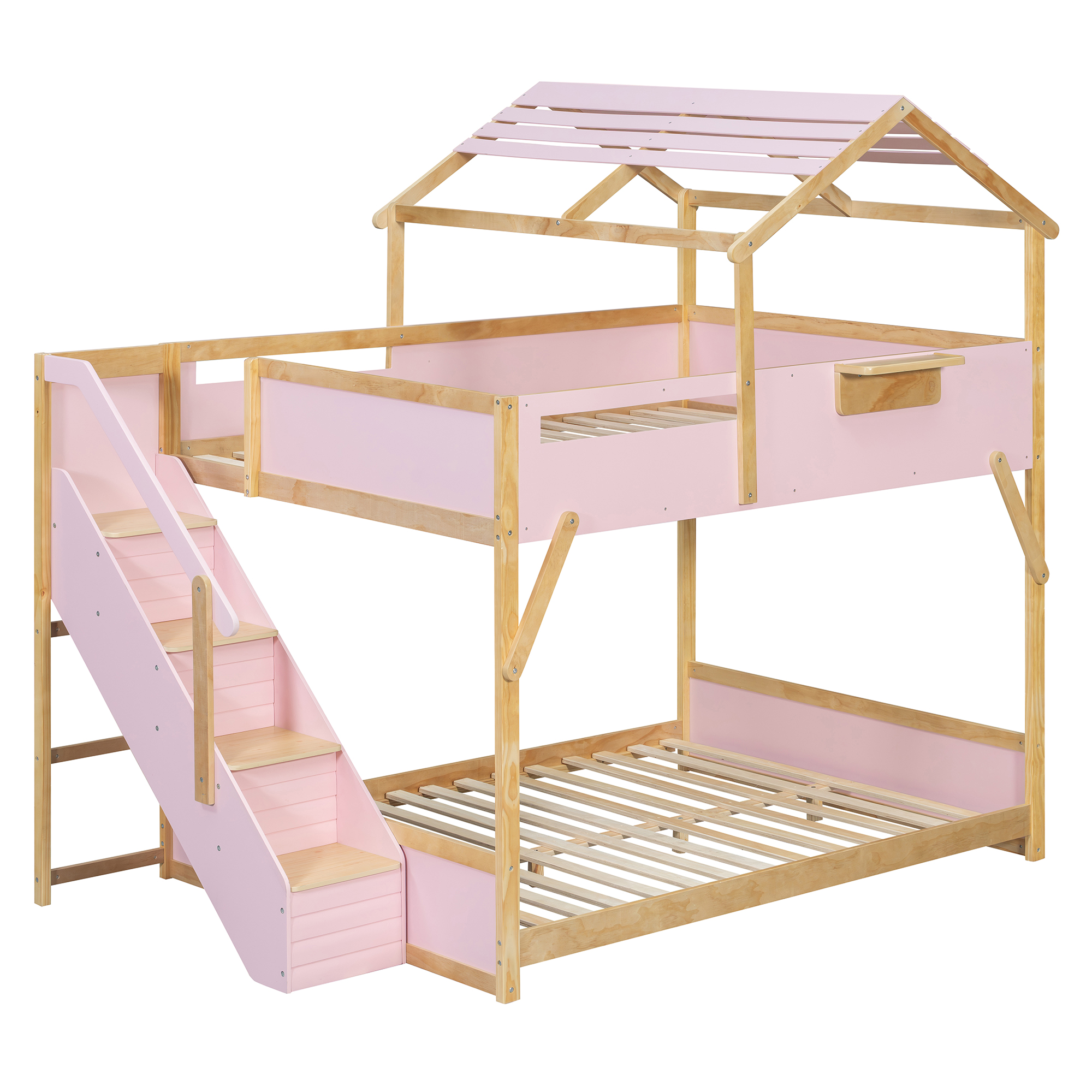 Full over Full House Bunk Bed with Stairs and 3-Color LED Lights