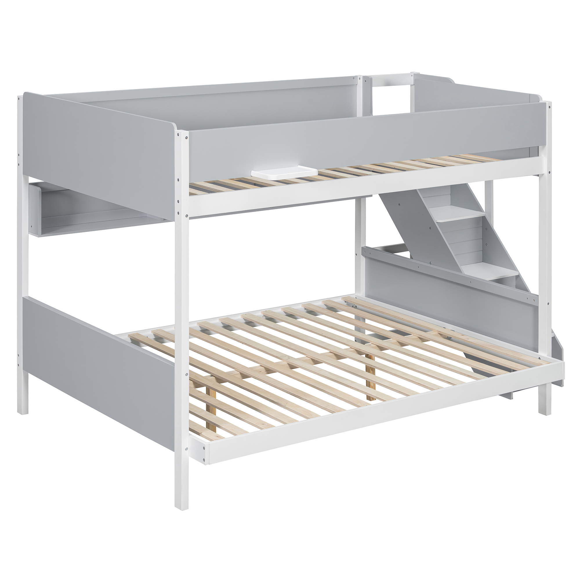 Full XL over Queen Bunk Bed with Striped-Design Staircase and Side Shelves