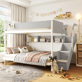 Twin over Full Bunk Bed with Striped-Design Staircase and Side Shelves