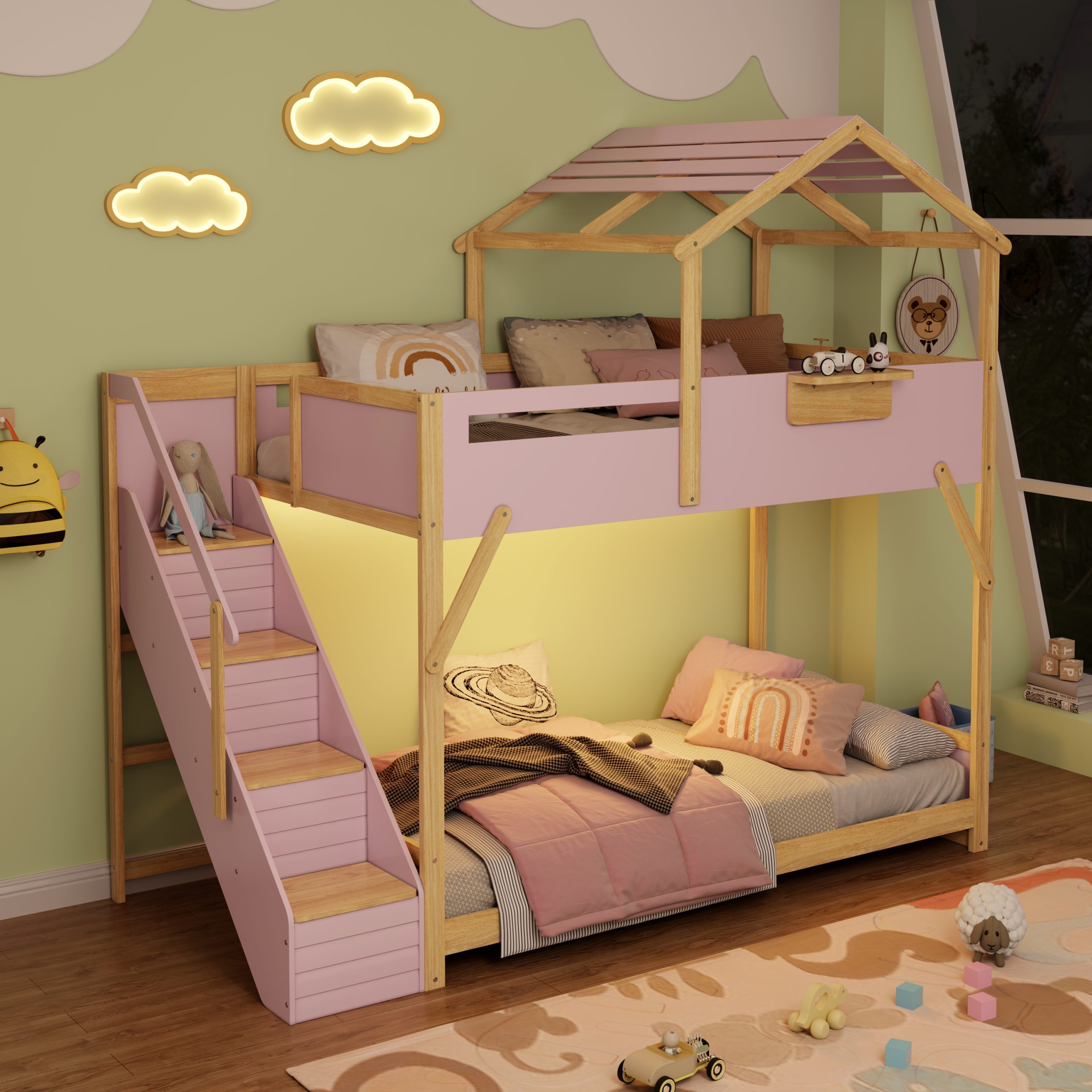 Twin over Twin House Bunk Bed with Stairs and 3-Color LED Lights