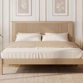 Queen Size Solid Rubber Wood Bed with Wave-Styled Headboard