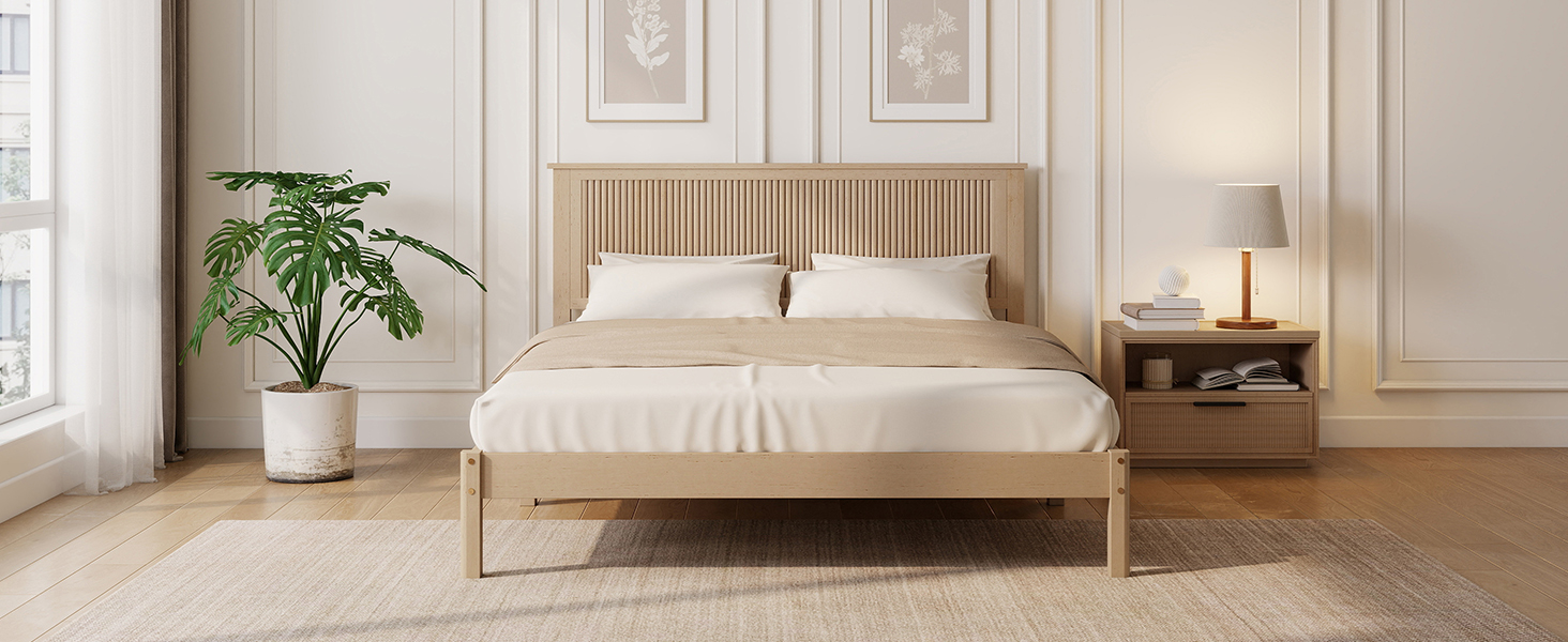 Queen Size Solid Rubber Wood Bed with Wave-Styled Headboard