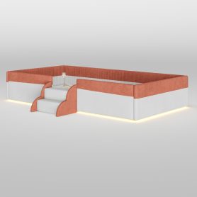 Twin Size Upholstered Floor Bed with Fence, 2-Tier Steps and Smart LED Lights