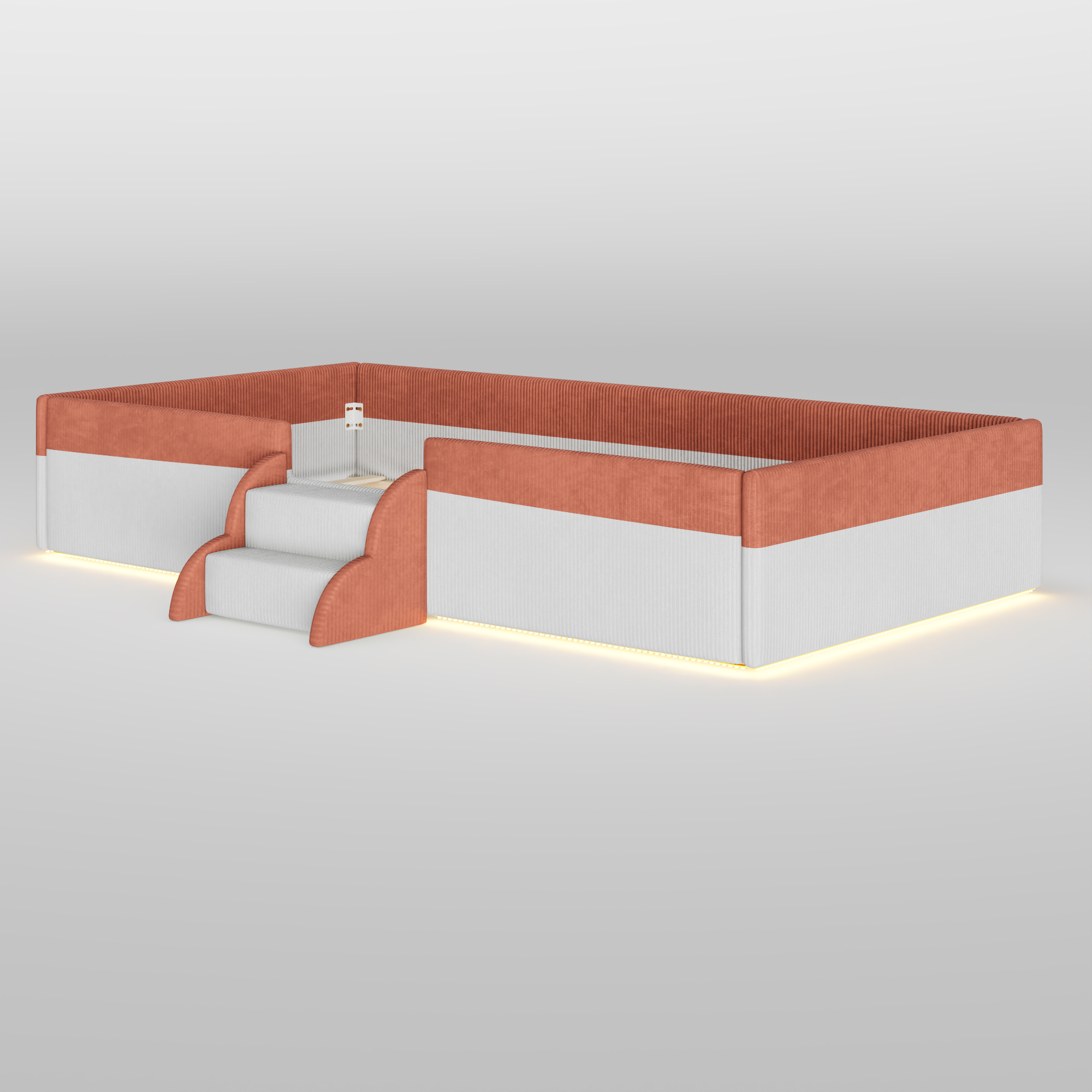 Twin Size Upholstered Floor Bed with Fence, 2-Tier Steps and Smart LED Lights