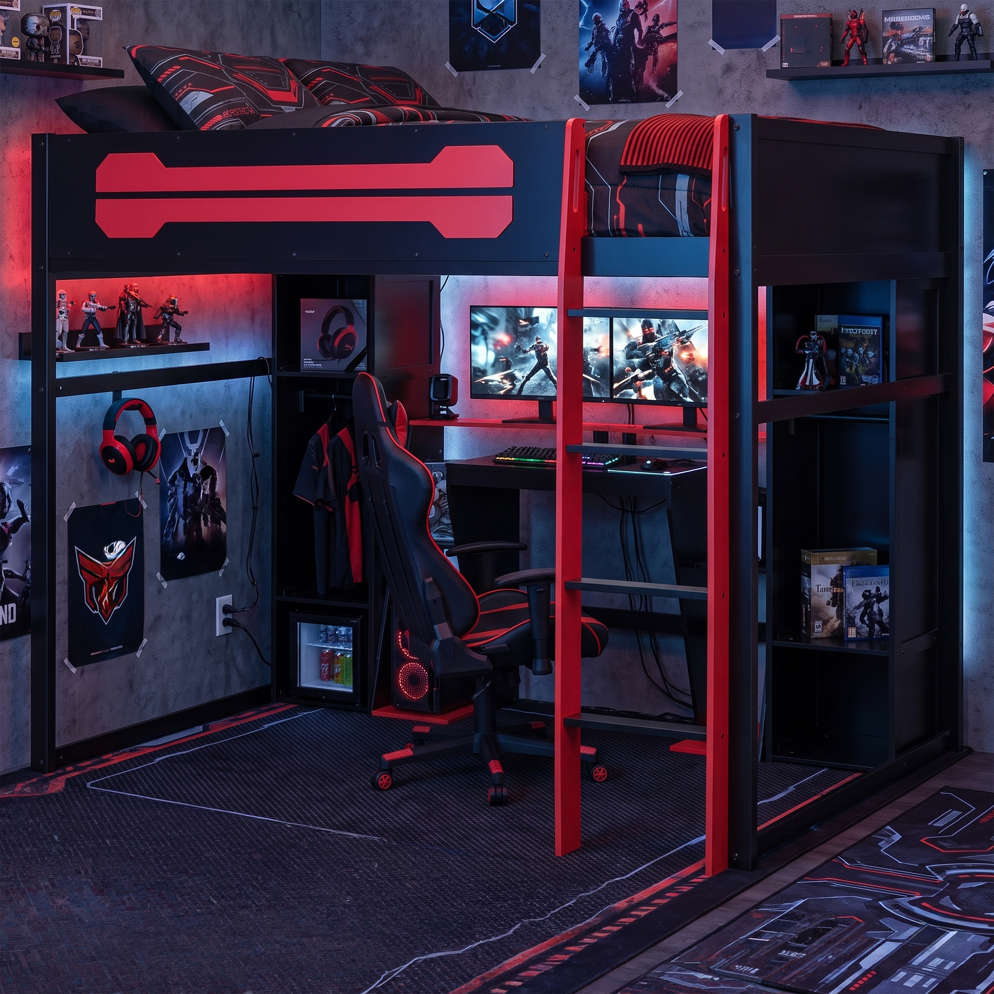 Full-Size Wooden Gaming Loft Bed with Desk and Storage, RGB LED Light, USB Charging Station