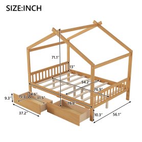 Full Size House Platform Bed with Two Drawers, Headboard and Footboard