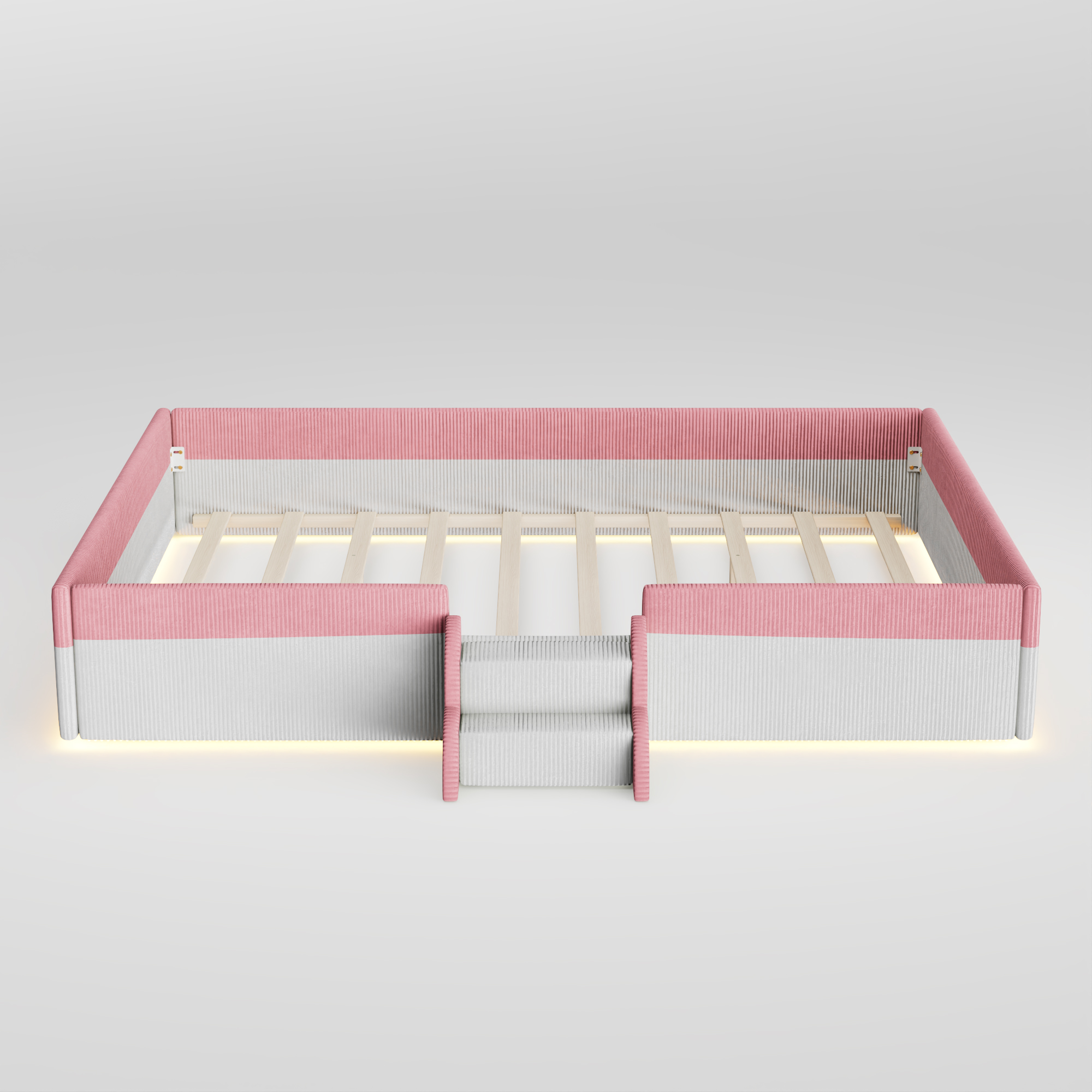 King Size Upholstered Floor Bed with Fence, 2-Tier Steps and Smart LED Lights