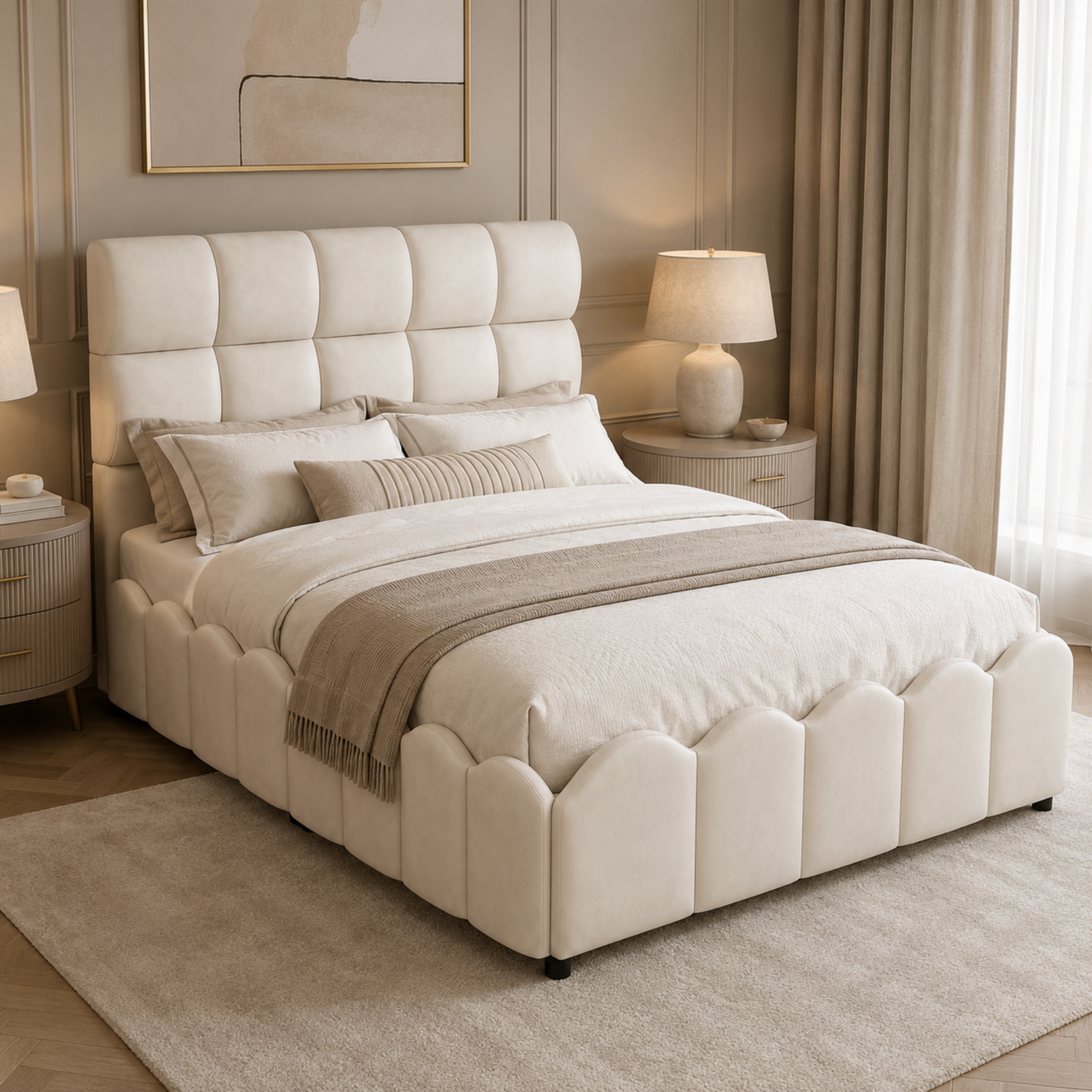 Full Size Fully Upholstered Velvet Platform Bed Frame With Tall Panel Headboard