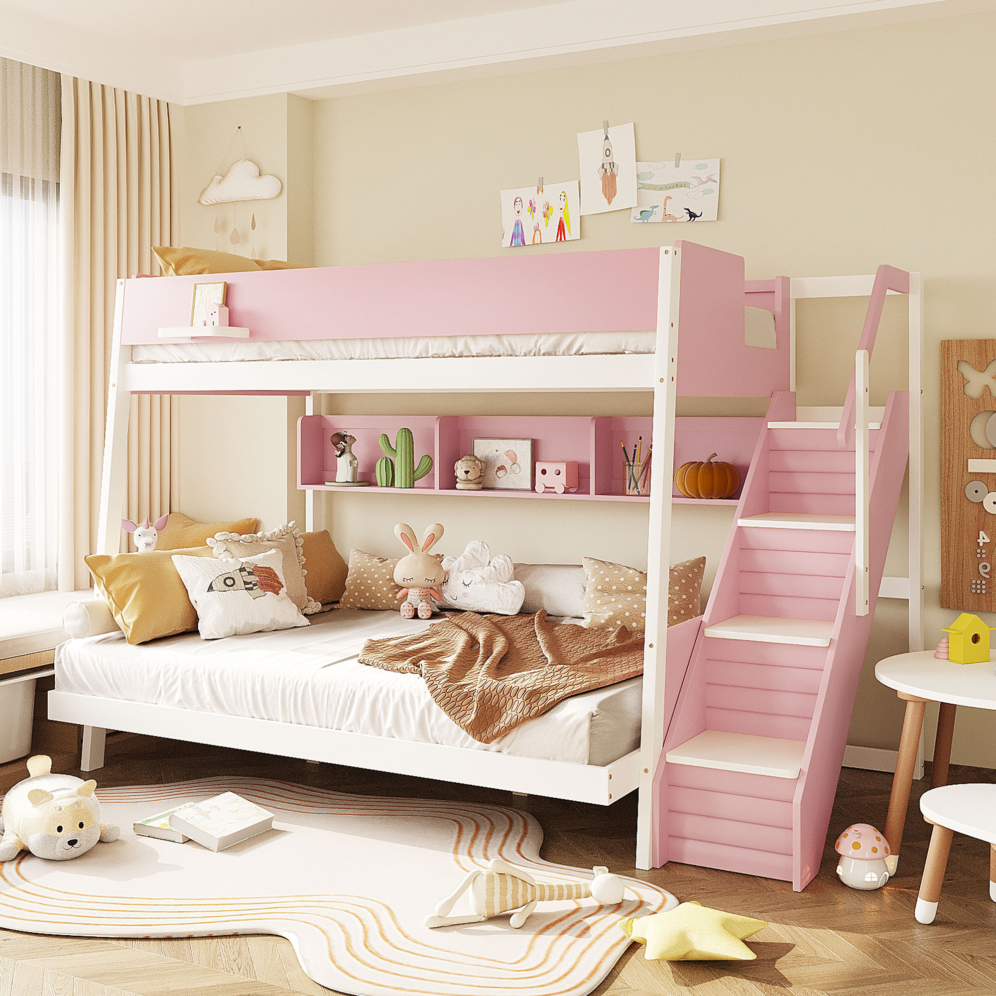 Full XL over Queen Bunk Bed with Striped-Design Staircase and Side Shelves
