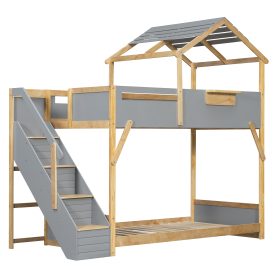 Twin over Twin House Bunk Bed with Stairs and 3-Color LED Lights