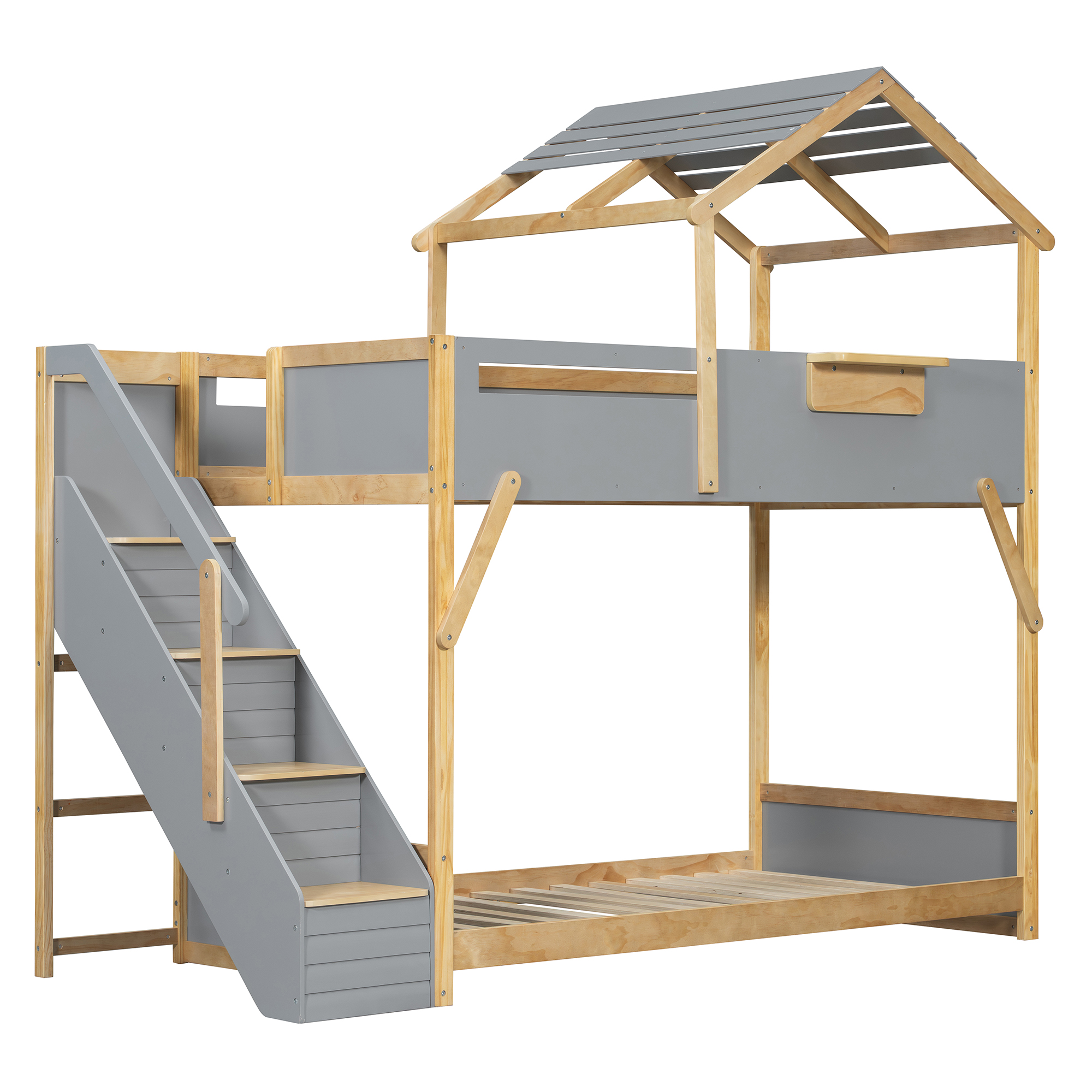 Twin over Twin House Bunk Bed with Stairs and 3-Color LED Lights