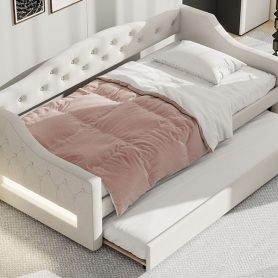 Upholstered Twin XL Size Daybed with LED Belt and Trundle
