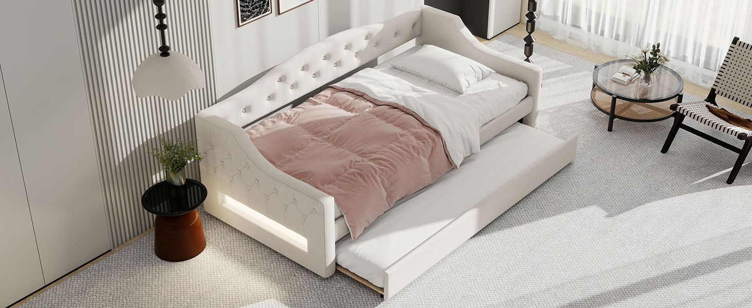 Upholstered Twin XL Size Daybed with LED Belt and Trundle