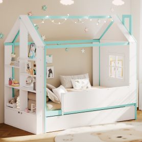 Twin Size House Bed Frame with Pull-Out Trundle, Tail End Storage Shelves and Cool White LED Lights