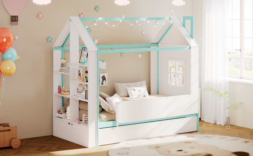 Twin Size House Bed Frame with Pull-Out Trundle, Tail End Storage Shelves and Cool White LED Lights