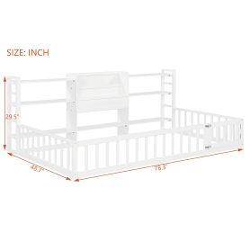 Twin Size Floor Fence Bed Frame with Bookcase and 3-Tier Storage Shelves