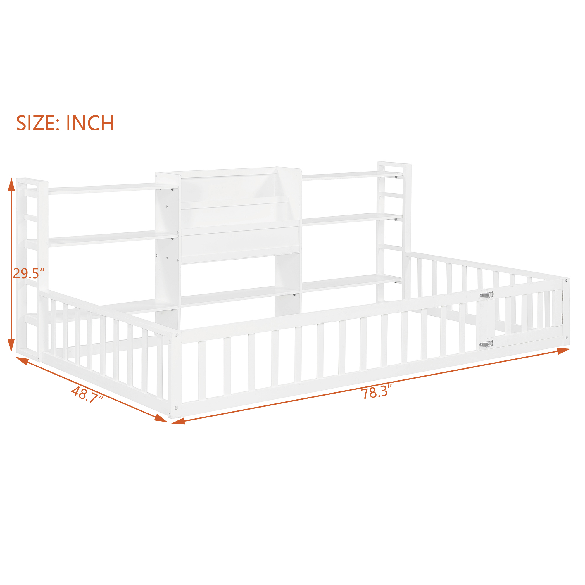 Twin Size Floor Fence Bed Frame with Bookcase and 3-Tier Storage Shelves