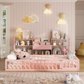 Full Size Floor Fence Bed Frame with Bookcase and 3-Tier Storage Shelves