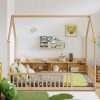 Twin House Floor Bed with Storage Shelves, Built-in LED Lights & Charging Station
