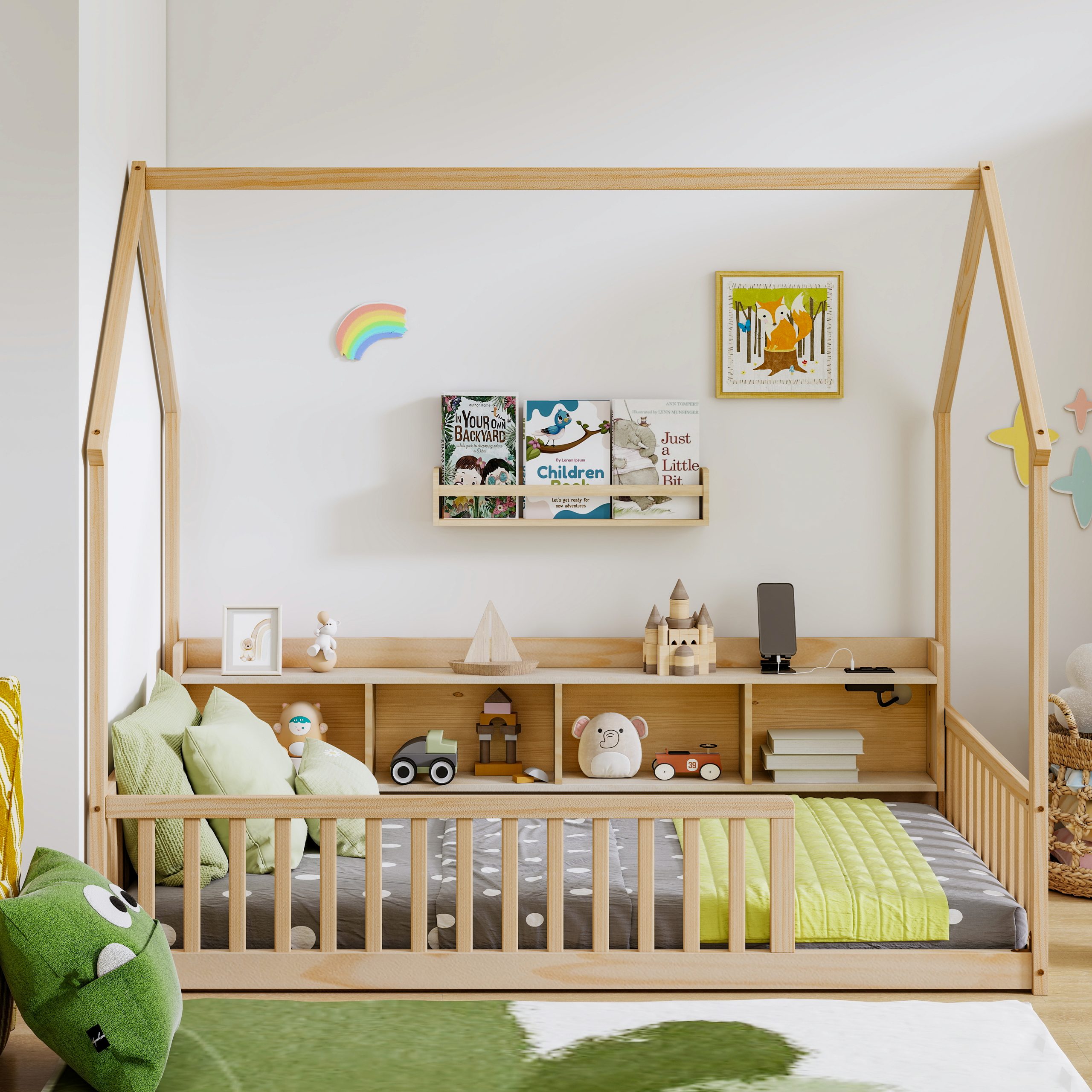 Twin House Floor Bed with Storage Shelves, Built-in LED Lights & Charging Station
