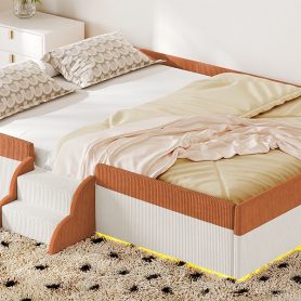 Full Size Upholstered Floor Bed with Fence, 2-Tier Steps and Smart LED Lights