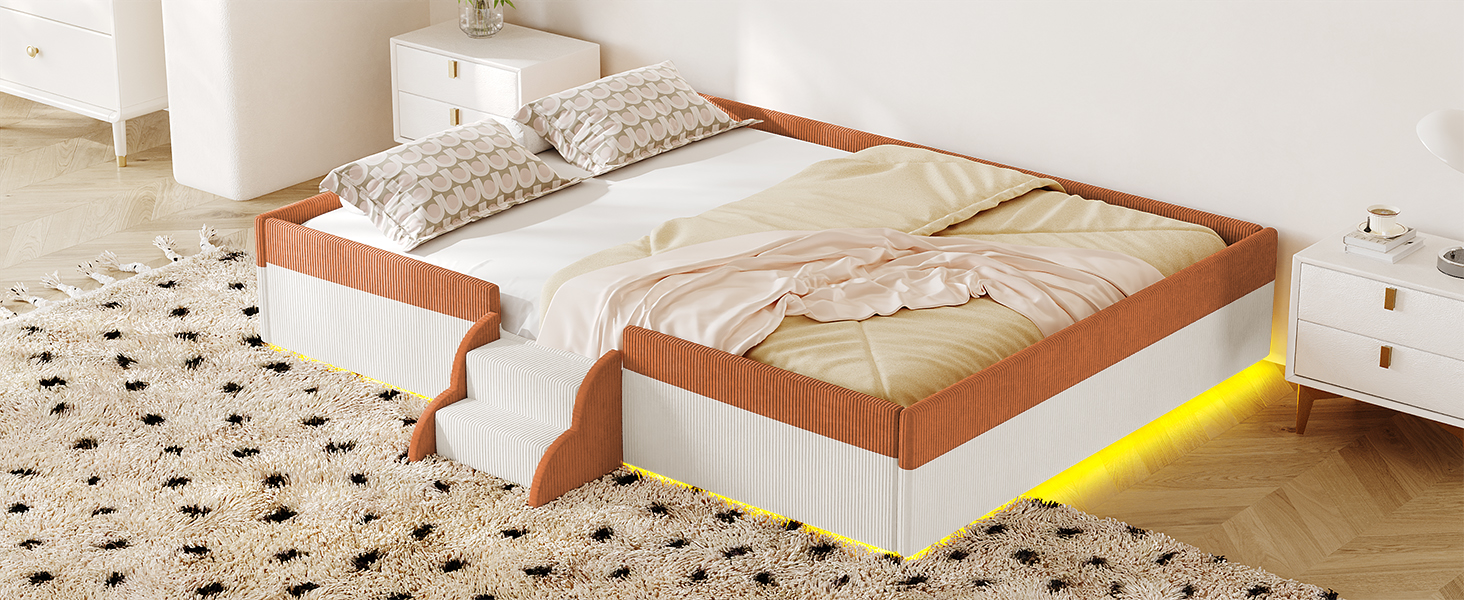 Full Size Upholstered Floor Bed with Fence, 2-Tier Steps and Smart LED Lights