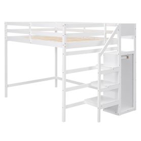 Full Size Loft Bed with Built-in Storage Wardrobe and Staircase