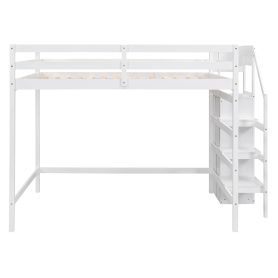 Full Size Loft Bed with Built-in Storage Wardrobe and Staircase